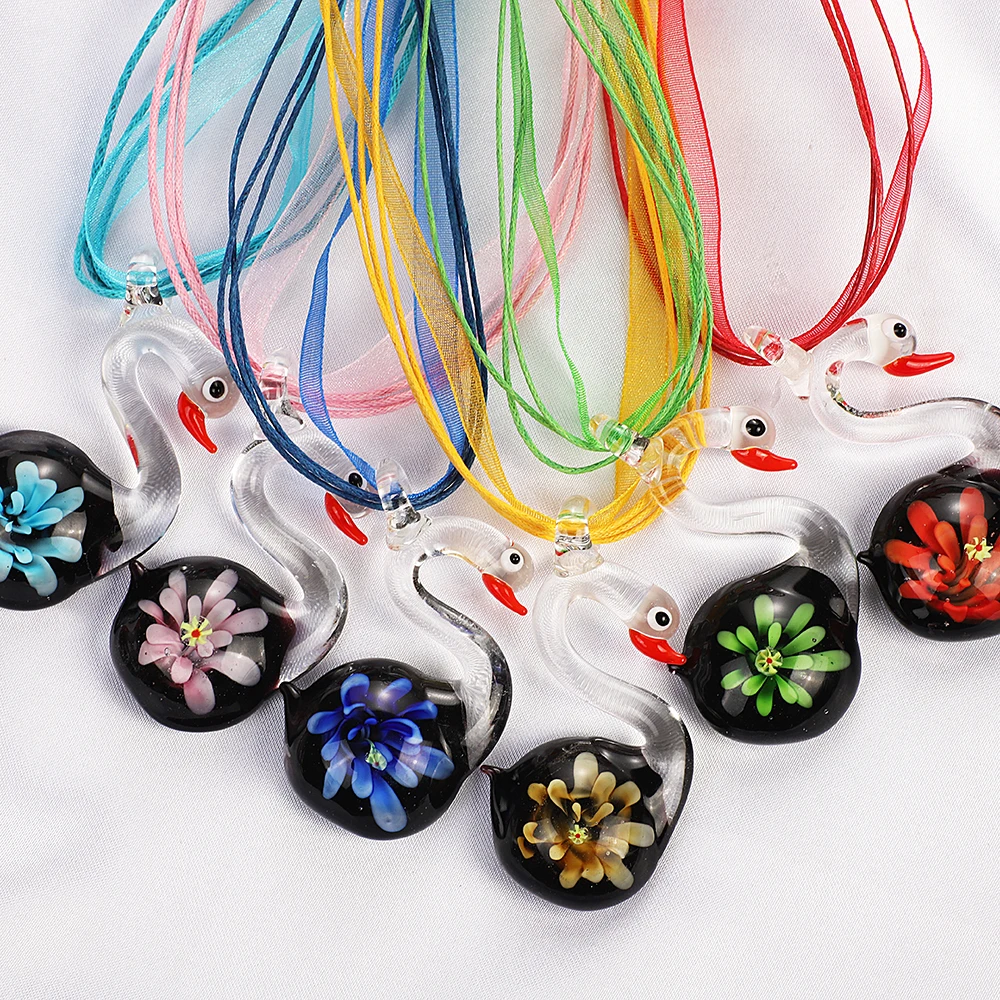 Wholesale 6pcs Handmade Murano Lampwork Glass Mixed Colorful Lovely Cat Goose Pendants Charms Cord Necklaces HOT