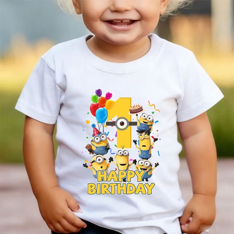 

Футболка с короткими рукавами для мальчиков и девочек на день рождения в стиле Миньонов, детская праздничная одежда, топы с круглым вырезом в стиле Kawaii, одежда для малышей, подарок