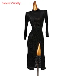 Latin Dance Female Adult Child Elegant Black Leopard Print Dress High-End Custom Long Sleeve Competition Performance Skirt