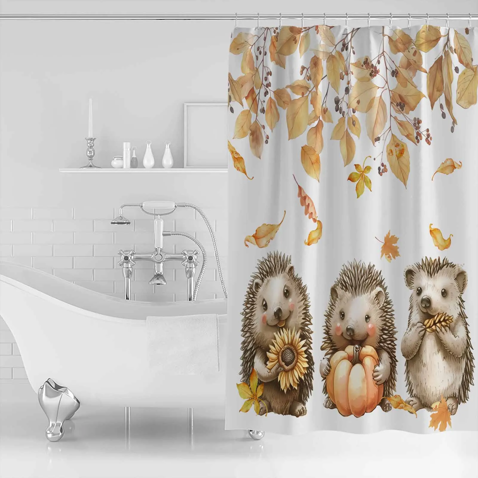 Autumn Leaves Pumpkin Mushroom Hedgehog Shower Curtains Waterproof Bath Curtains Home Decor Modern Luxury Bathroom Curtain