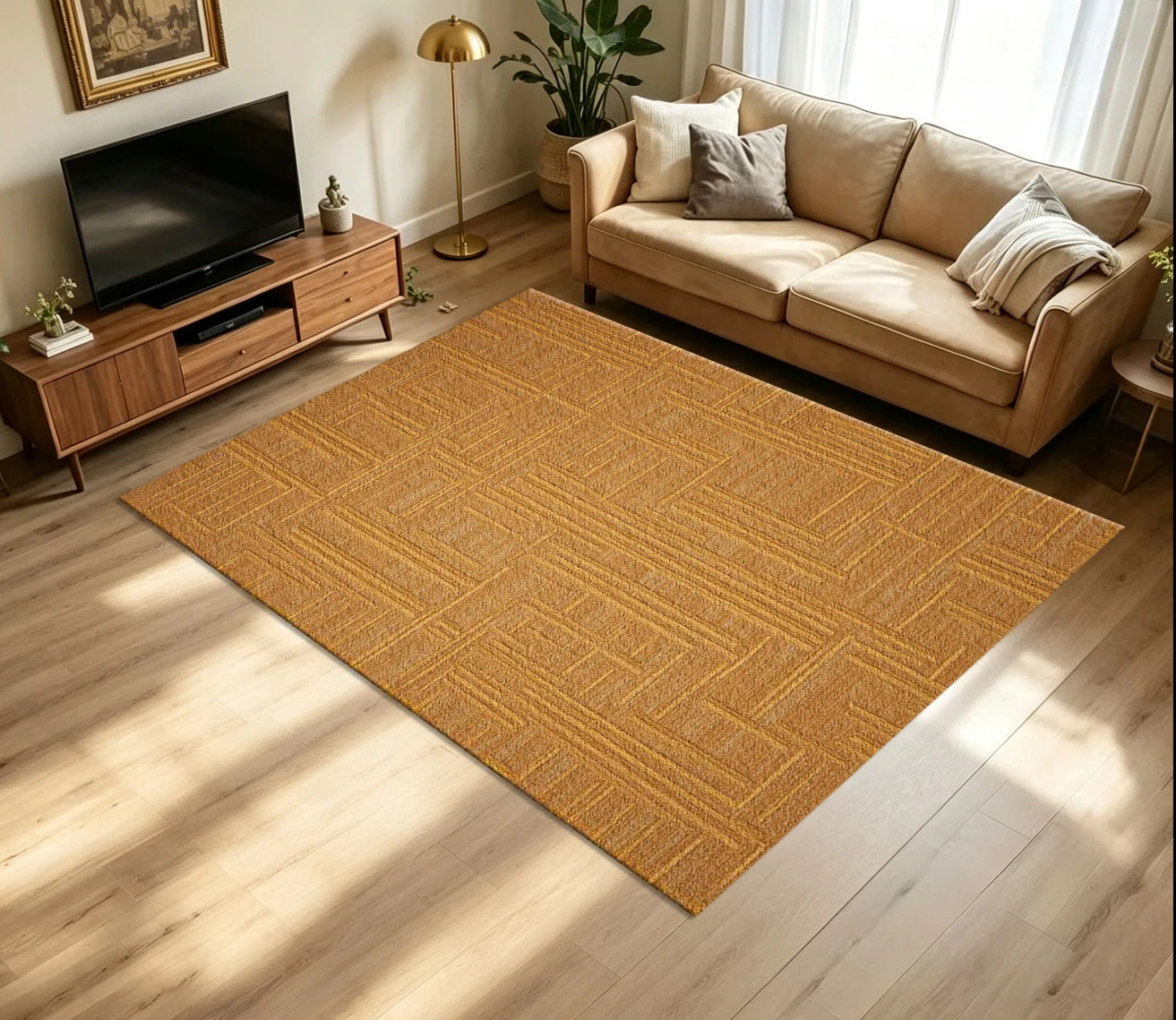 Warm Golden Brown Geometric Line Carpet Flooring Retro Woven Maze Linear Texture Printed Floor Rug for Household Indoor Home Mid Century Modern Decor