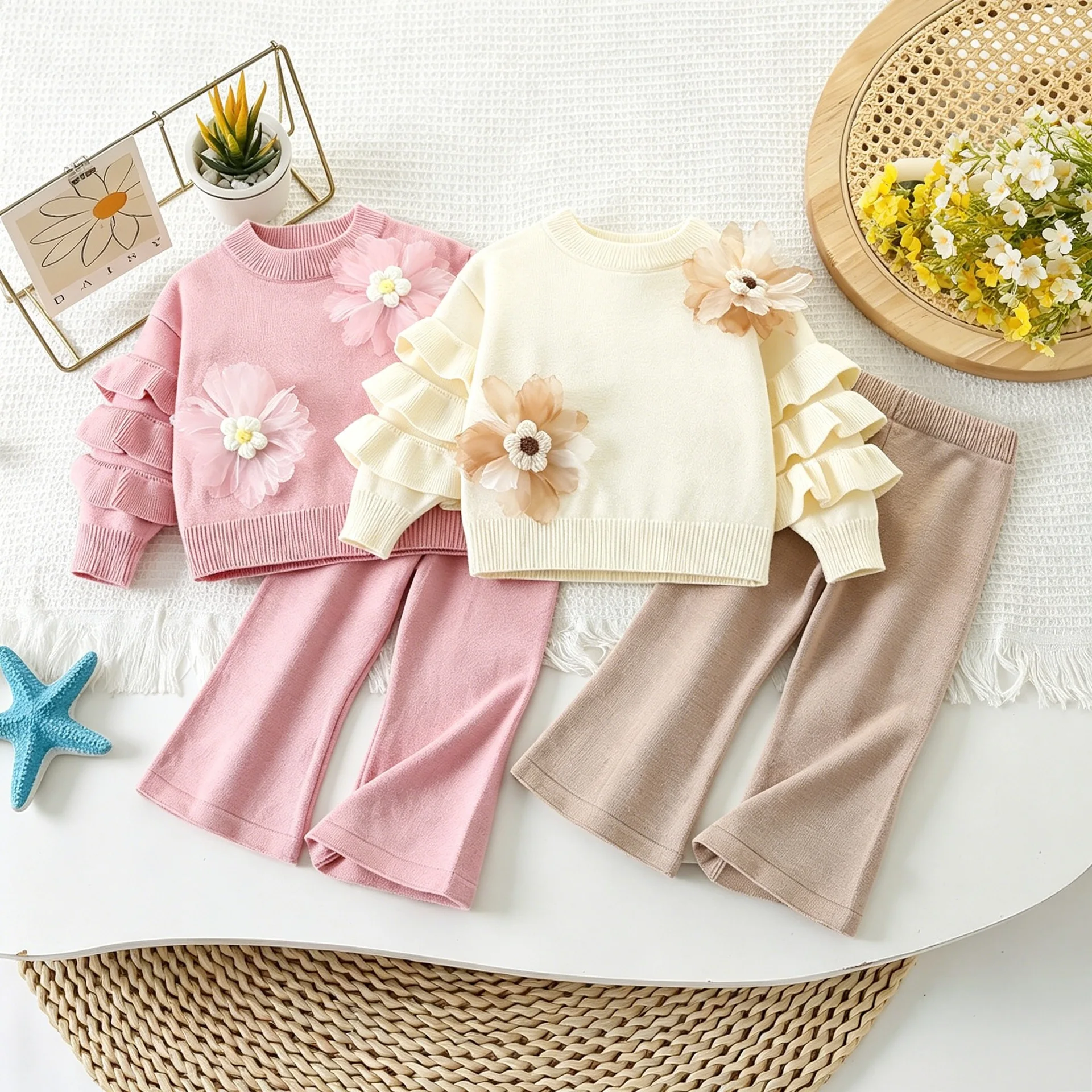 Knitted Warm Girls Clothes Autumn and Winter 3D Flower Long Sleeved Sweater and Pants Children Sweet Daily Wear Two Piece Suit