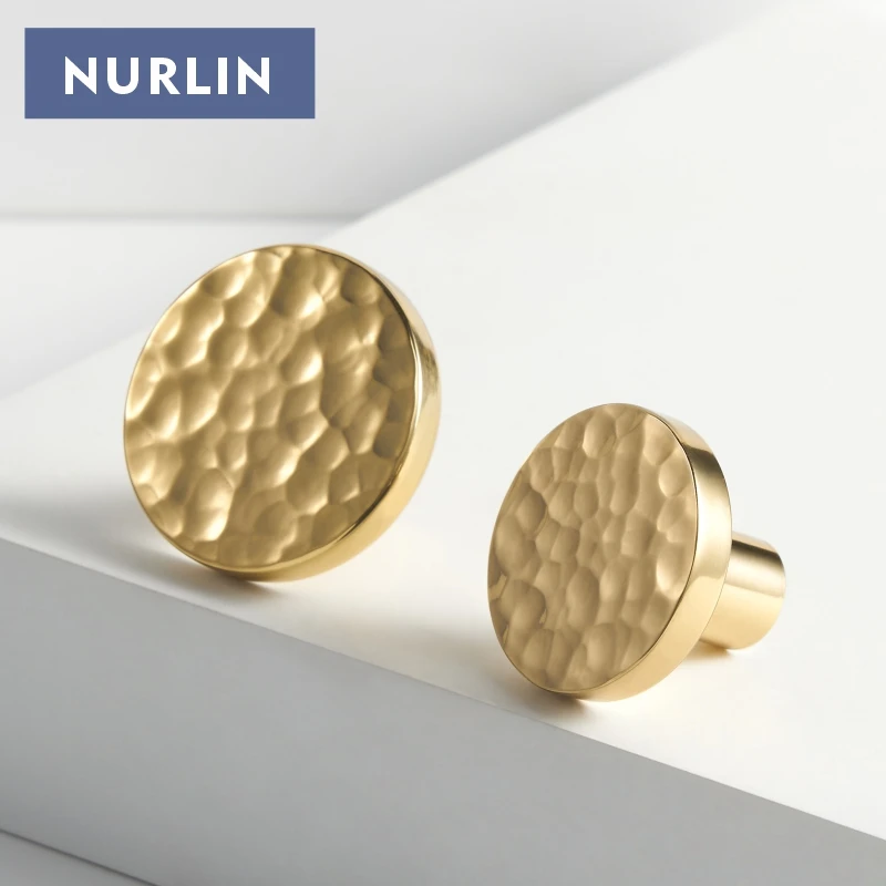 Nurlin Solid Brass Hammer Pattern Cabinet Handle Handmade Knocking Pattern Round Half Round Long T-shaped Multiple Size