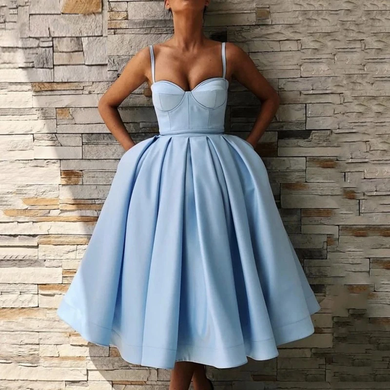 

Blue Short Homecoming Dresses Sweetheart Spaghetti Straps Satin Party Dresses Knee-Length Pleated A-Line Prom Dress