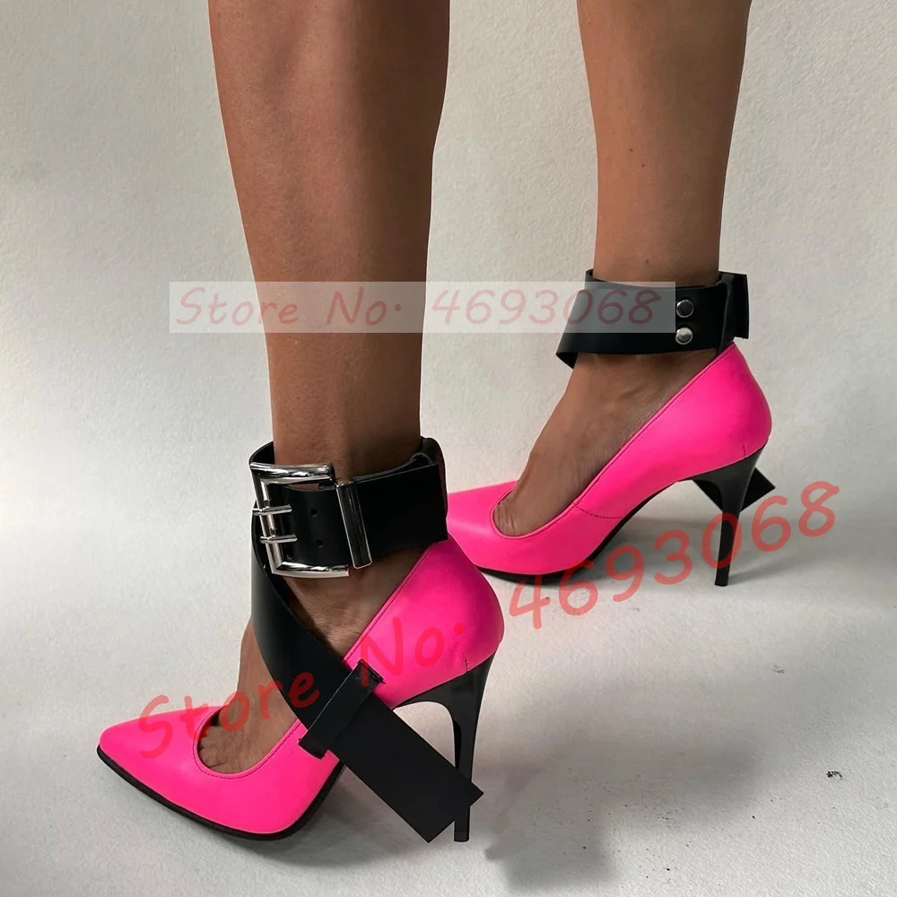 Hot Pink Pumps With Wide Buckle Strap Women Trendy Ankle Strap Party Pointy Stiletto Shoes Sweet Large Size High Heels Sandals