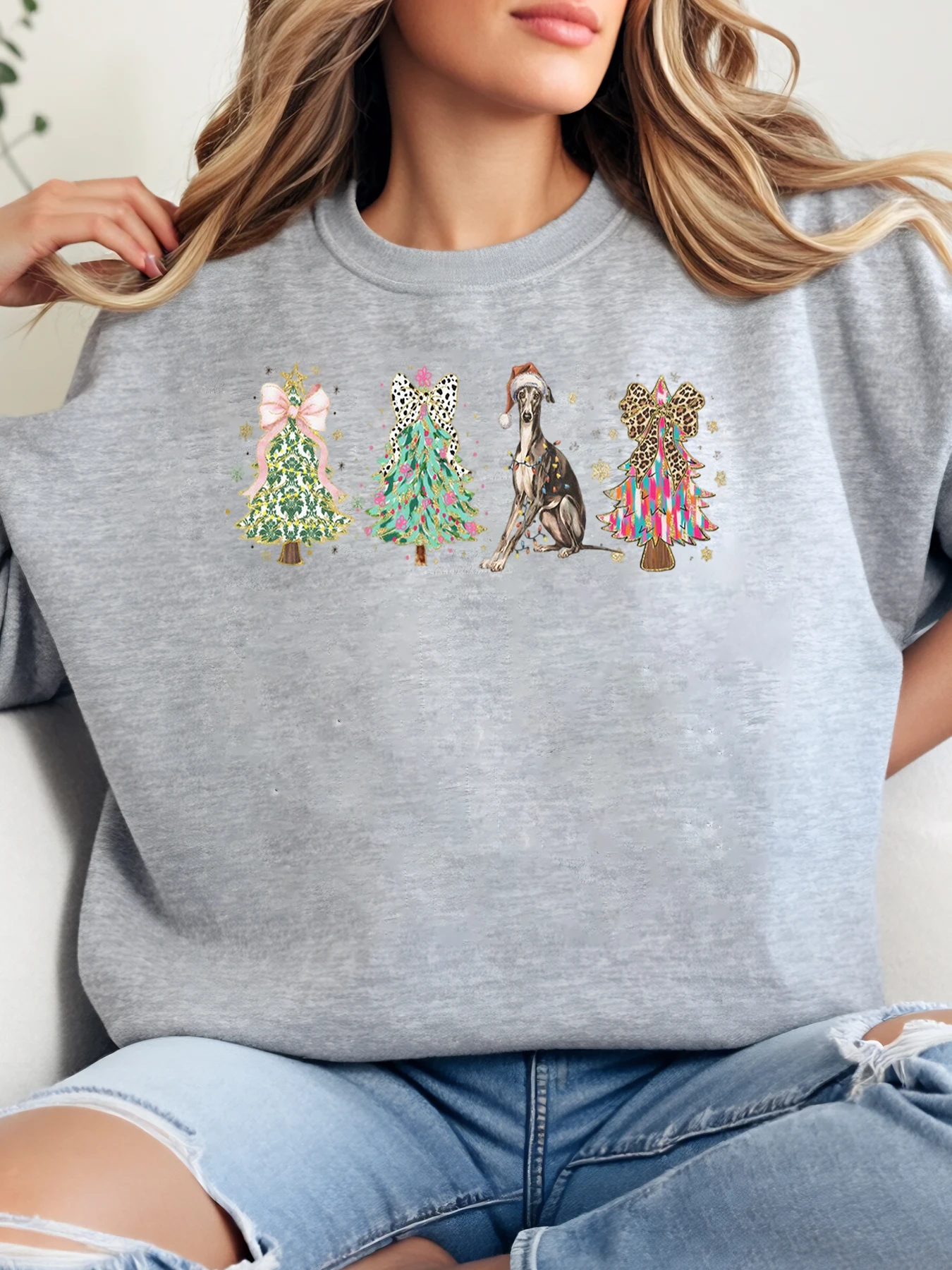 شجرة عيد الميلاد والكلب طباعة عطلة Crewneck البلوز المرأة لباس غير رسمي زائد الحجم