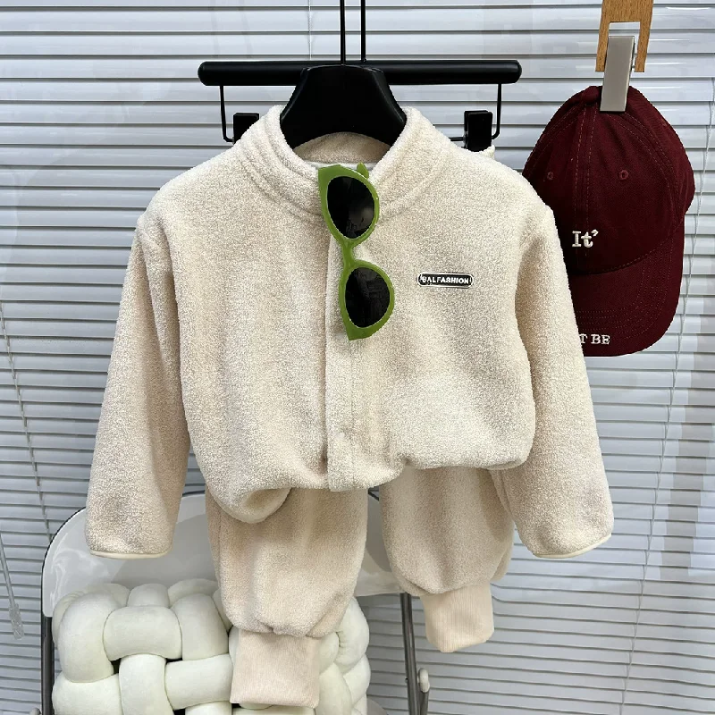 Autumn Kids Fleece Sets Winter Single Breasted Cardigan Top + Pants 2Pcs Boys Girls Casual Long Sleeved Outfits Children Clothes
