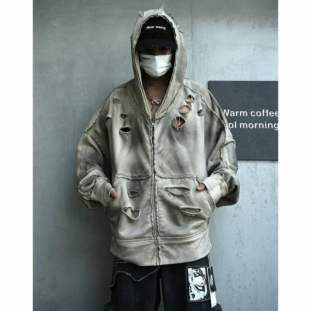Vintage Distressed Dirty Zip Up Hoodie Men's Ripped Design Oversized Hooded Sweatshirt Streetwear Loose Tops