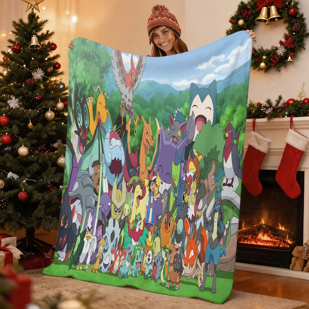 Pokemon Group Characters Print Flannel Throw Blanket Soft Warm Blanket for Sofa Bed