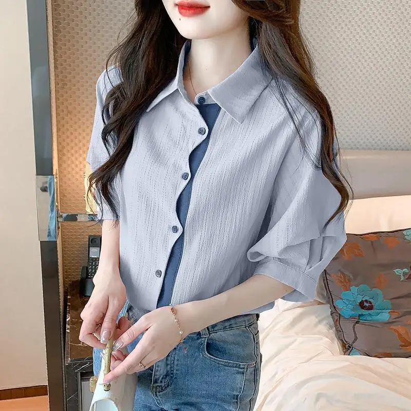 

Women Clothing Summer Fashion Casual Button Solid Color Polo Collar Women Shirts Simplicity Elegant Pleated Short Sleeve Tshirt