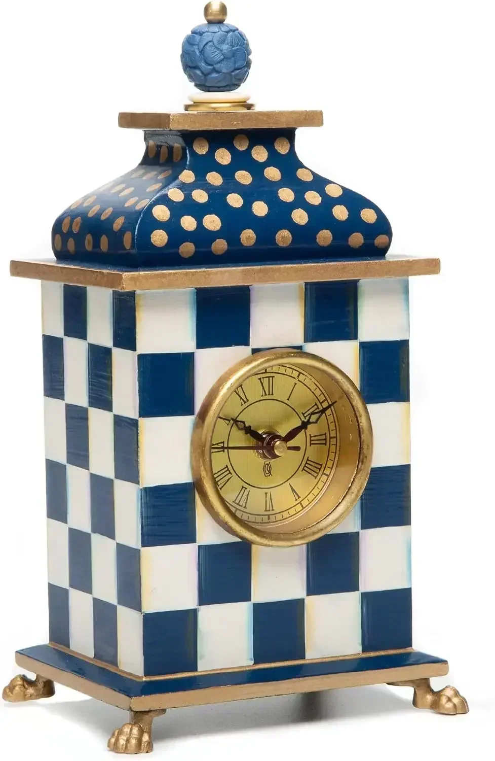 Desk Clock, Decorative Wood Clock for Kitchen and Living Room, Blue-and-White Royal Check