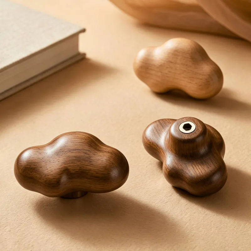 Luxury Light Walnut Cloud Single-Hole Handle for Wardrobe Door Drawer Cabinet - Solid Wood Furniture Hardware
