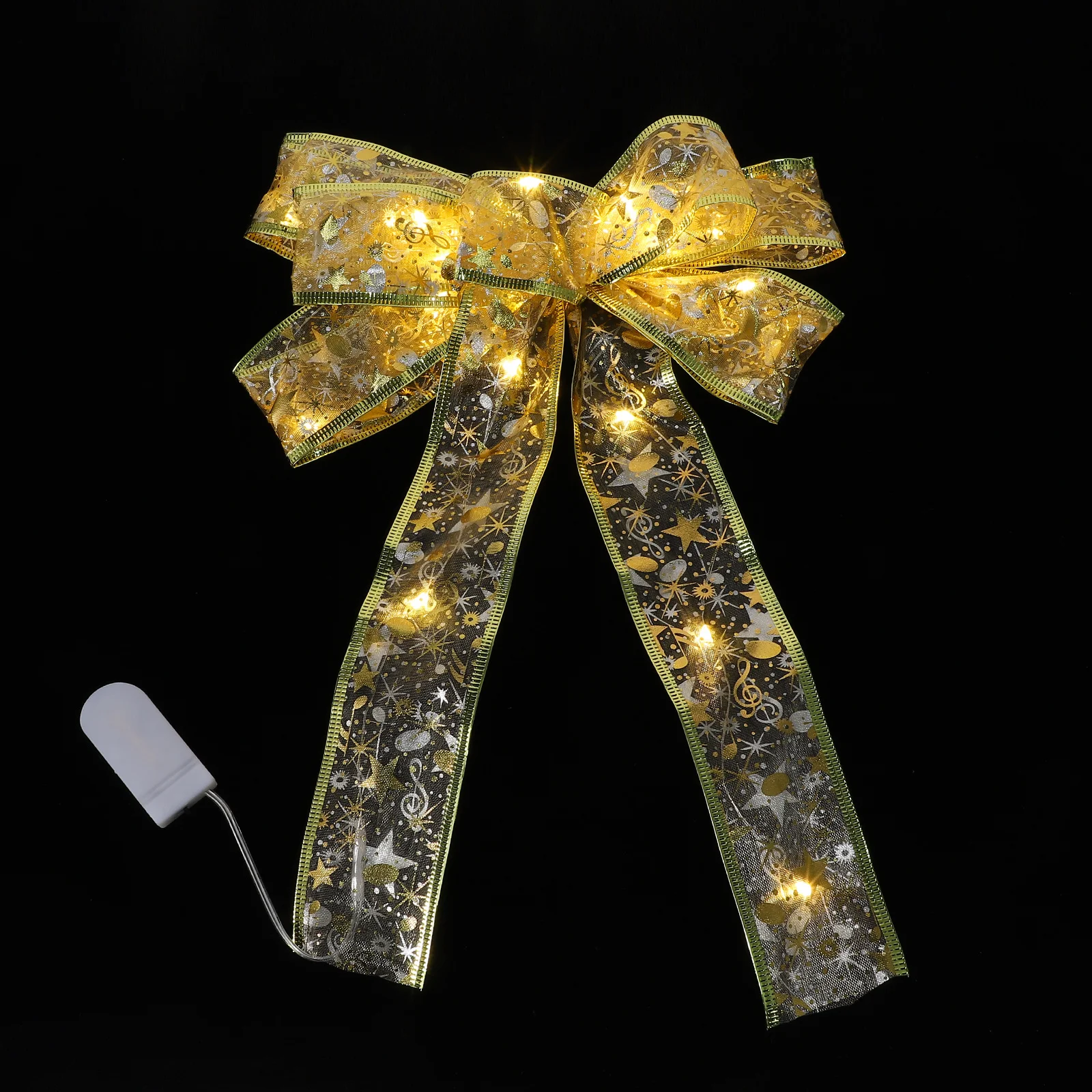 

TOKIDNY Lighted Christmas Bow Ornament Golden Polyester Ribbon Tree Topper Xmas Decor Holiday Decoration