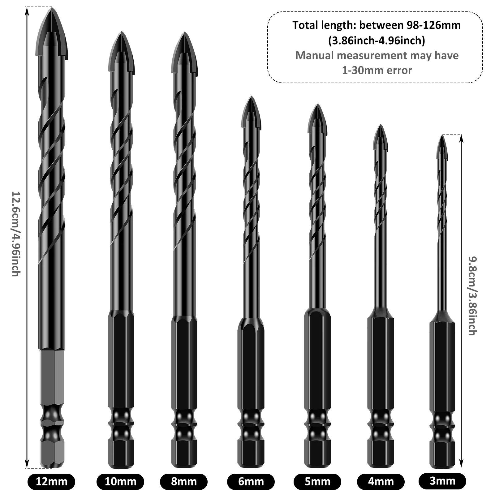 7Pcs 4-Edge Cross Drill Bit Set Tungsten Steel Masonry Drill Bit Set Precise Twist Drill Bit Set 3/4/5/6/8/10/12mm Ceramic Tile