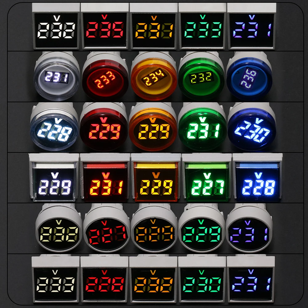 Voltmètre de 22mm, rond ou carré, indicateur de tension, lumière pilote, ammètre numérique rouge jaune vert bleu blanc