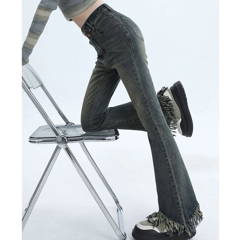 Damen Chic Zerrissene Designer High-Waist Schlagjeans Mädchen Y2k Retro Mode Dünne Hosen Weibliche Koreanische Lässige Denim-Hosen