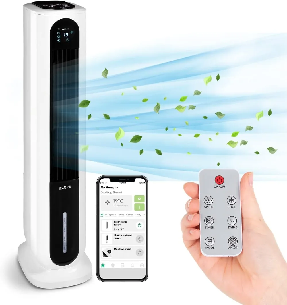 KLARSTEIN 85W, Climatizador Portatil Frio 5 en 1 Ionizador, Enfriador de Aire Evaporativo Agua, Silencioso Modo Noche, Humidific