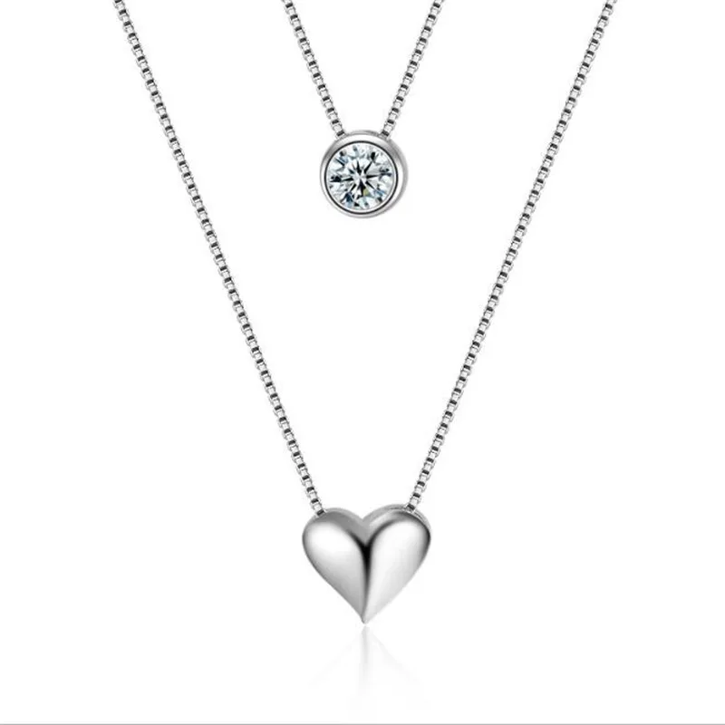 925 sterling Silver Necklace Double Layer Chain Zircon Heart Pendants Necklaces For Women kolye Choker Colar de Prata