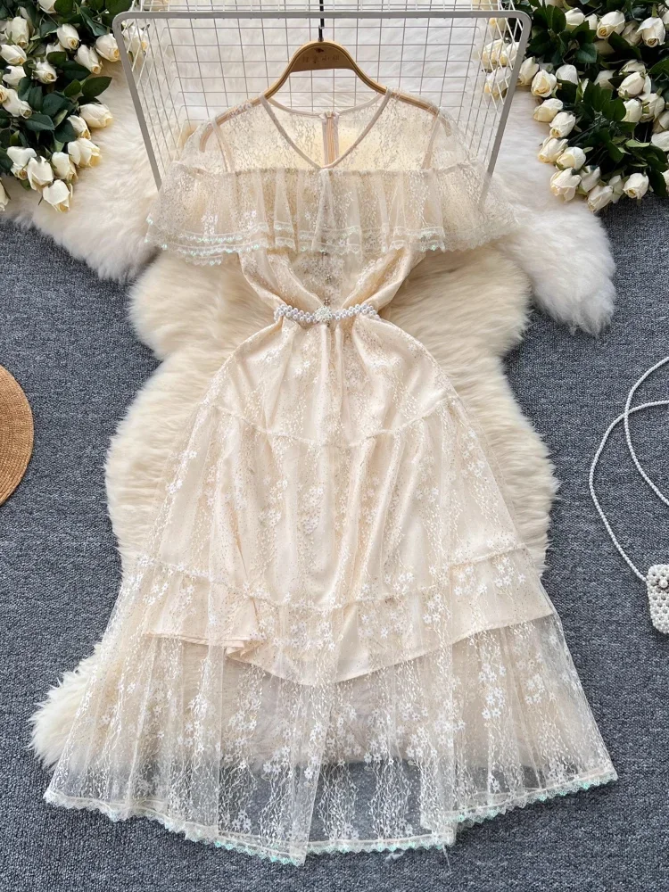 

Women Vintage Lace Party Dress Summer Slash Neck Ruffles Mesh Dresses Ladies Slim A-line Short Sleeve High Waisted Long Robe