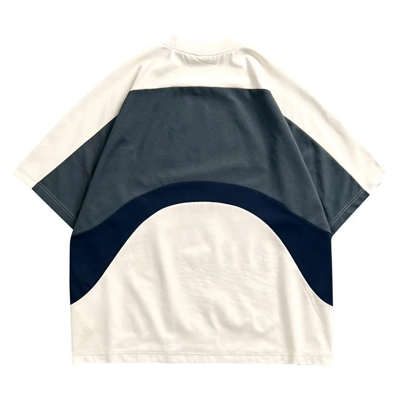 Trendy Patchwork T-Shirt - Oversized Navy Blue Casual Tee with Gray & White Contrast Panels