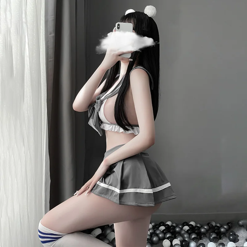 여성용 애니메이션 세일러복 란제리 세트 여학생 코스프레 의상 나비넥타이 크롭탑 러플 주름 치마 섹시 속옷 의상