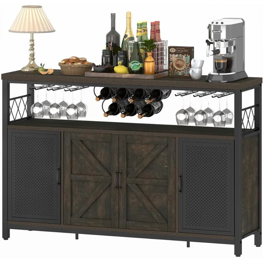 Farmhouse Liquor Cabinet Bar para casa, café grande com armazenamento, aparador buffet rústico com cremalheira do vinho