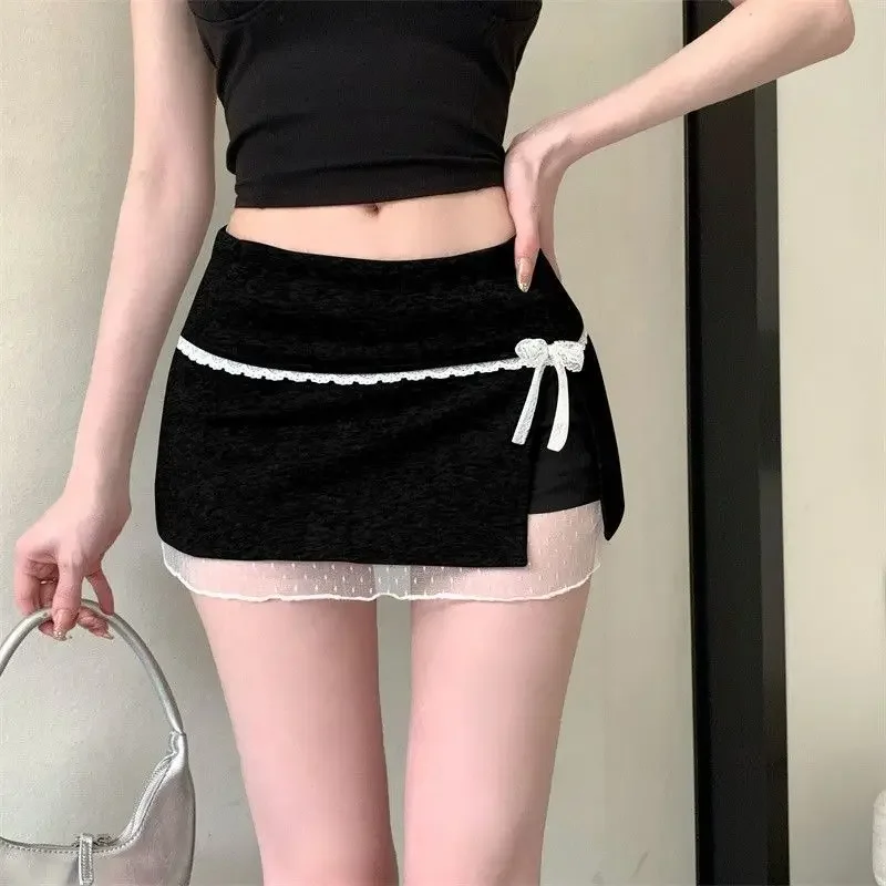 

White Bow Lace Splicing Skirt Women Summer Anti-ligh Hip-wrapped High-waisted A-word Mini Skirt