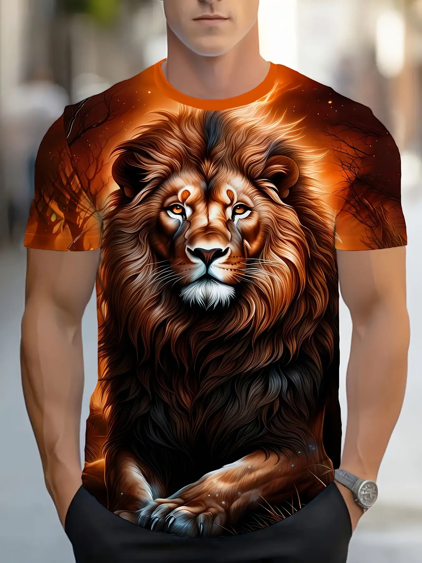 Herren 3D-T-Shirt mit Goldenem Flammenlöwen-Druck, Orange, Wilder Tierkönig, Rundhals, Kurzarm, Lässiges Oberteil – Detail 1