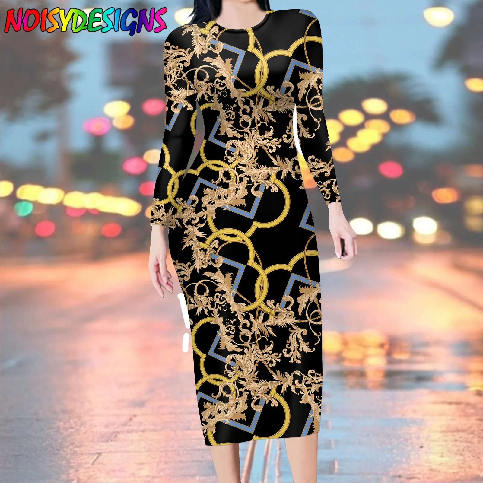 NOISYDESIGNS Golden Flower Floral Printed European Women Dress Pencil Slim Basic Black Bodycon Vestidos Largos Verano Luxury