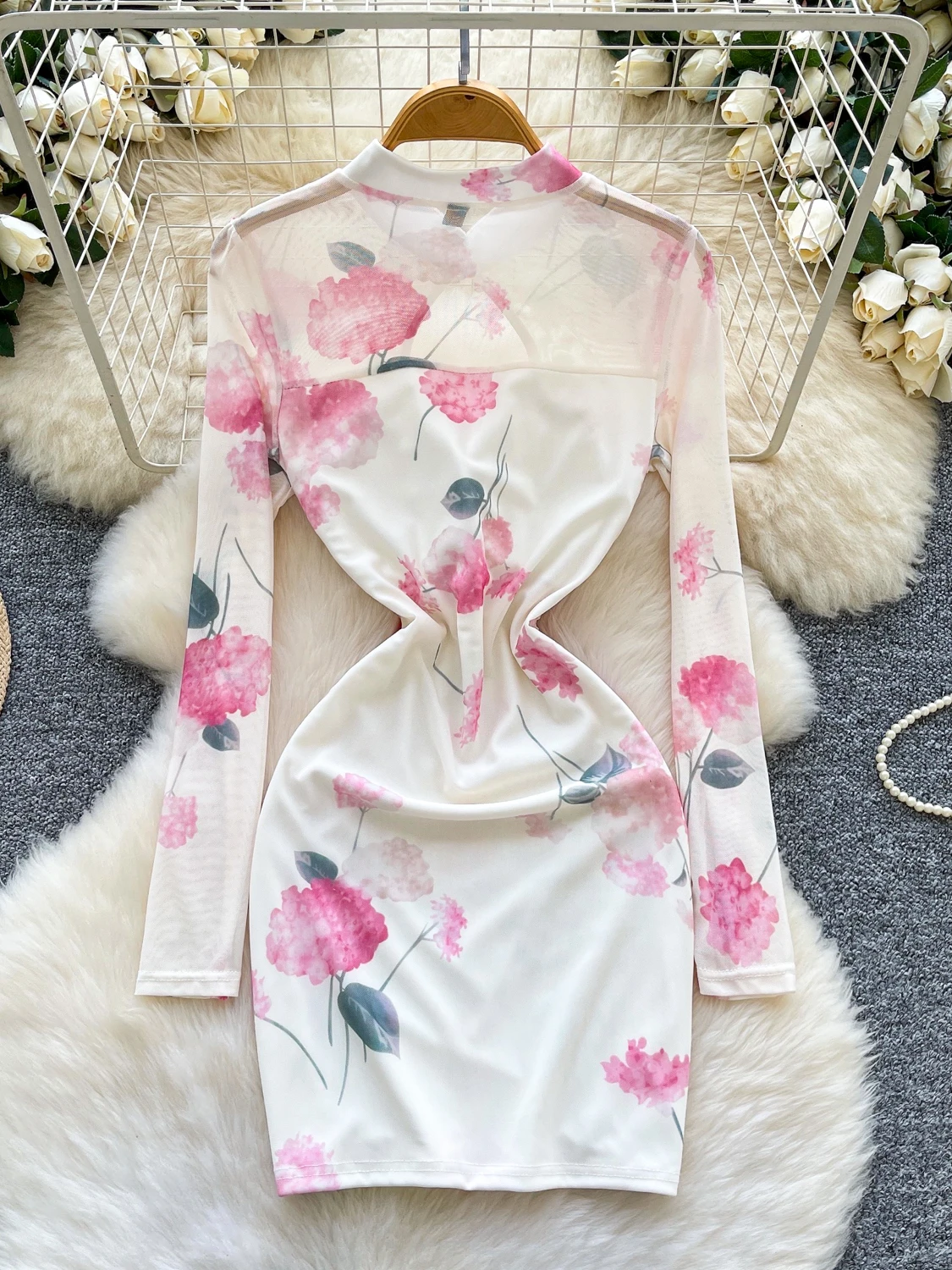 포멀리나 프린트 드레스 여성 2025 신상 패션 스탠드 넥 긴팔 컷아웃 시스루 메쉬 패치워크 슬림 바디콘 파티 드레스