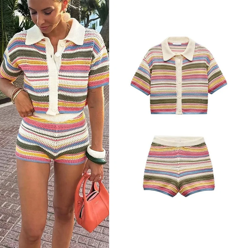 Spring Summer New Women's Hook Knitted  Shirt Neck Top Striped Hook Needle Shorts Polyester Fiber Short Sleeve Button Style