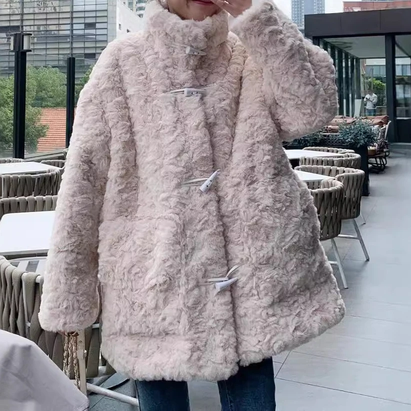 

Mid Legnth Coat Women Faux Fur Coats Jackets Thick Warm Y2k Streetwear Jacket Elegant Work Stand Collar Outerwear Autumn Winter