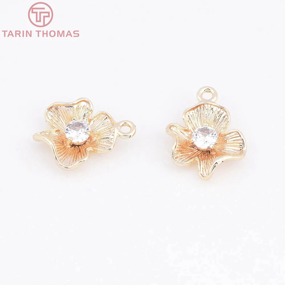 (912) 6PCS 11x14MM 24K Gold Color Plated Brass with Zircon Flower Charms Pendants High Quality Diy Jewelry Making Accessorie