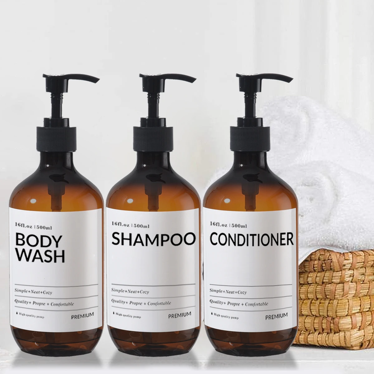 3-teilige Badeshampoo- und Spülungsflasche mit wasserdichtem Etikett, Bambuspumpe, Dusch- und Körperwaschlotionbehälter