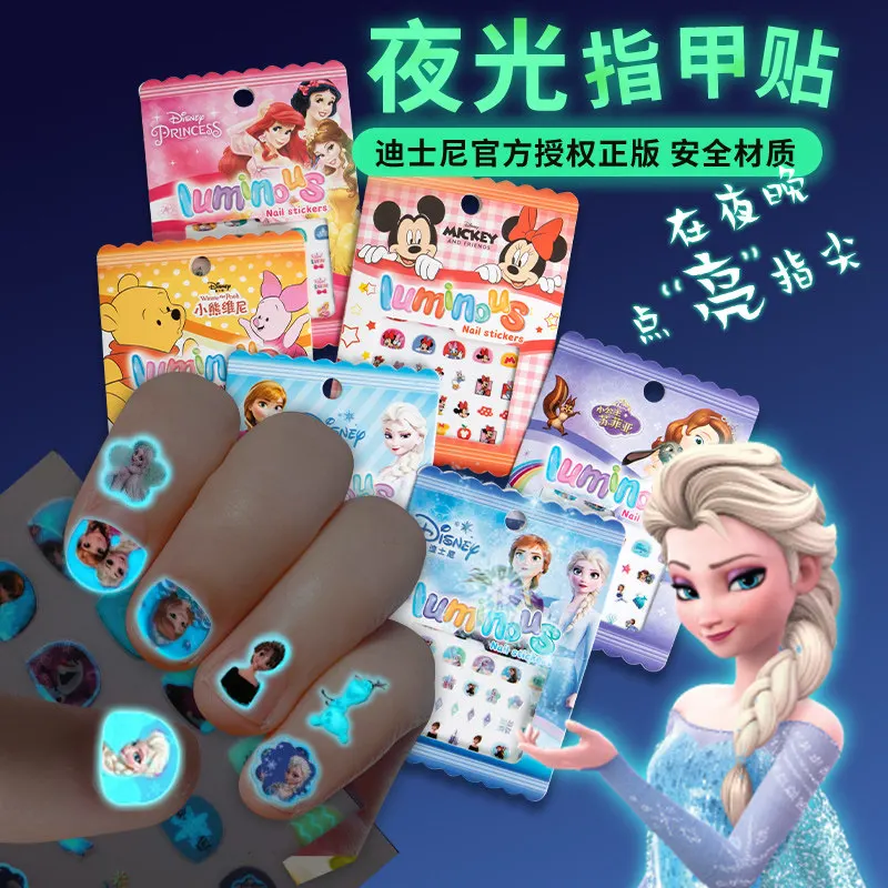 

New Luminous Nail Stickers Safe Non Toxic Waterproof Fluorescent Nail Decals Elsa Snow White Mickey Patterns For Little Girls