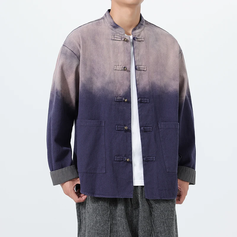 Denim Top Jackets Autumn Men Women Vintage Thick Washed Personality Gradient Jackets Men's Kung Fu Baggy Casual Cotton Tang Coat