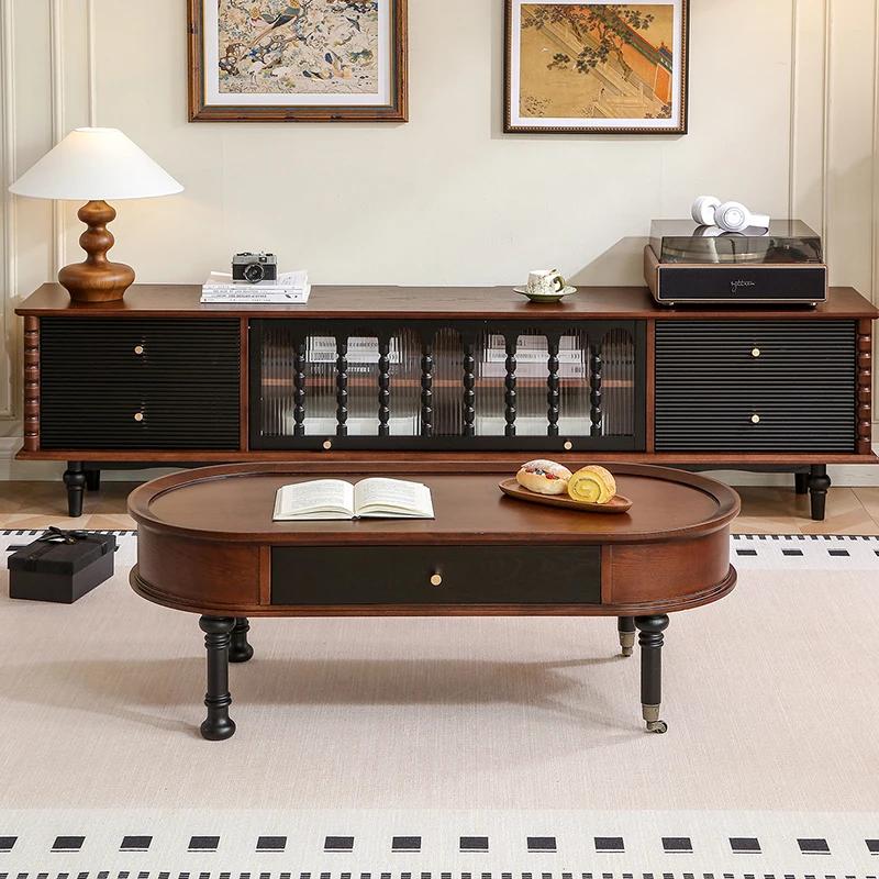 

French retro solid wood coffee table removable living room household oval coffee table small apartment small tea table