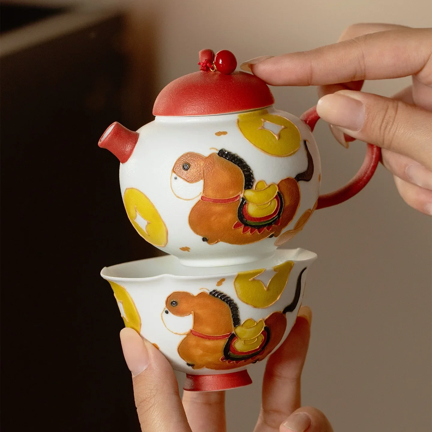 Hand Painted Guochao Mascot Horse Ceramic TeaSet Collection Household Teapot Cover Bowl Master Cup Teacup Tea Ceremony Ornaments