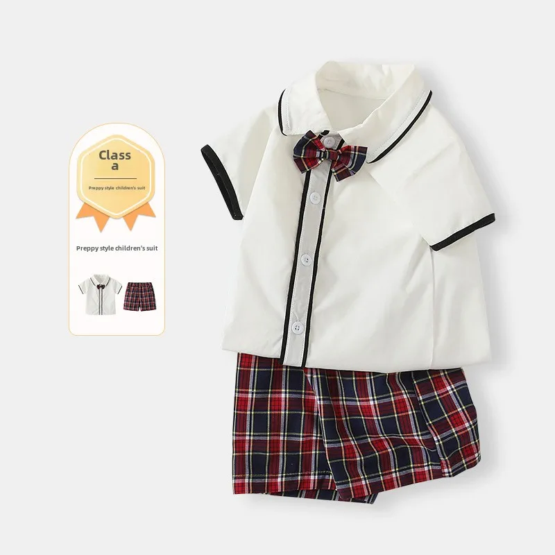 

Детский комплект, лето 2025 года, одежда в клетку для мальчиков из двух предметов в студенческом стиле с короткими рукавами, одежда для малышей для девочек 1-3 лет