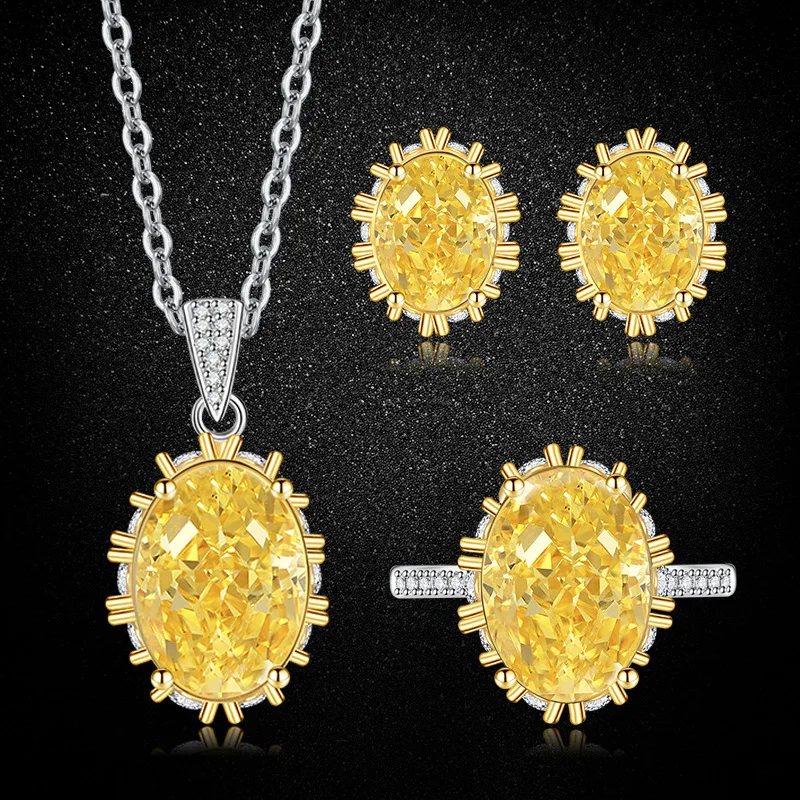 

Elegant Women's S925 Sterling Silver Yellow Ice Flower Cut Cubic Zirconia Jewelry Set, Ring Pendant Earrings Necklace