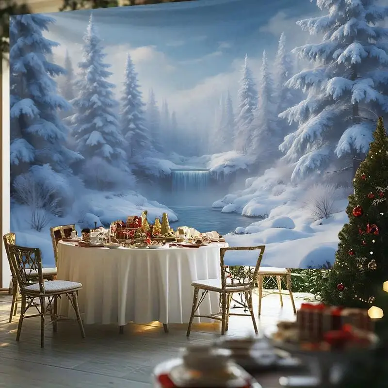 1pc Large Winter Wonderland Snowy Forest Tapestry - Horizontal Wall Hanging with Pine Trees, Waterfall & River - Soft Blue & Whi
