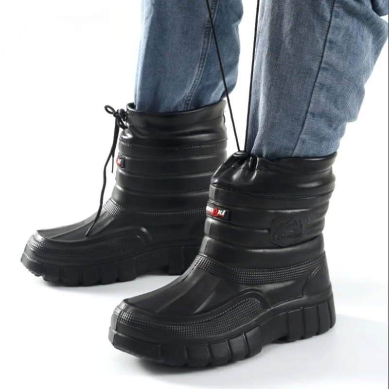 Black Mid‑High Top Rain Boots for Men Plush Lined Waterproof Wear‑Resistant Work Safety Shoes for Construction Car Wash Outdoor
