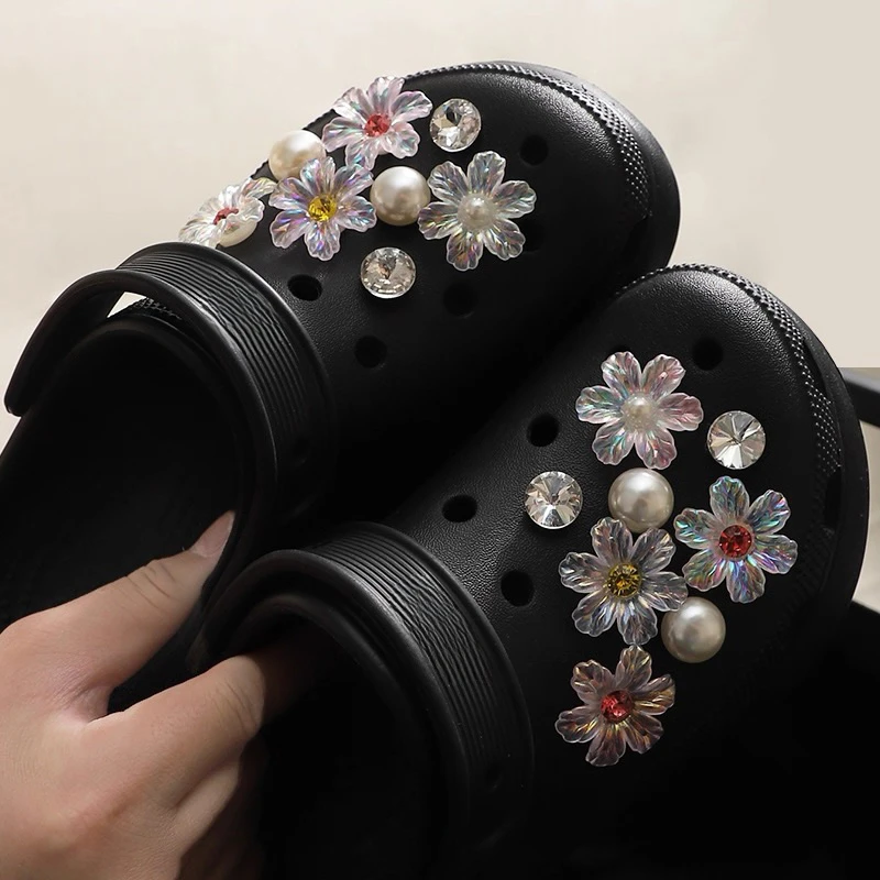 16PCS Fashion Shoe Charms Set Accessories Hole Shoe Buckle Cute Colored Flowers Pearl Crystal DIY Shoes Decorations