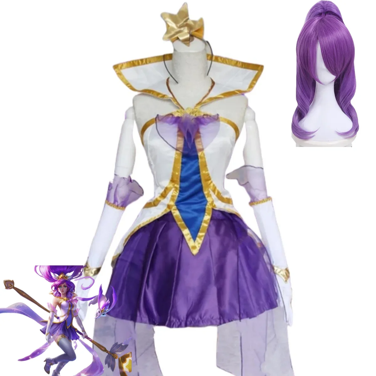 LOL Star Guardian Soraka Janna fantasia de cosplay para mulheres, a saia roxa Starchild, peruca sexy, terno de carnaval Halloween, jogo, LOL