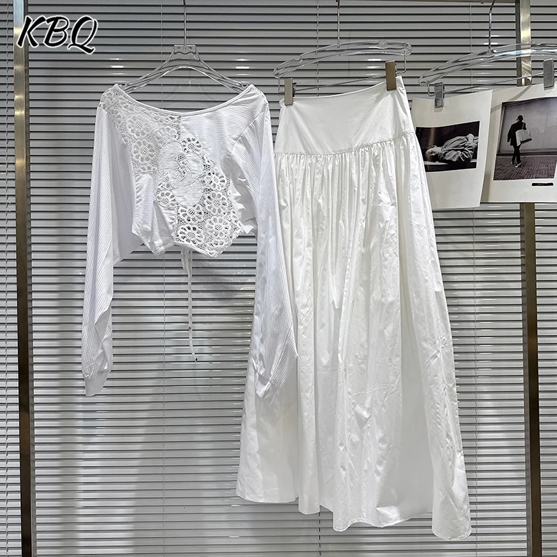 

KBQ Solid Two Piece Sets for Women Round Neck Long Sleeve Hollow Out Tops High Waist Skirts Sweet Set Female Fashion Autumn New