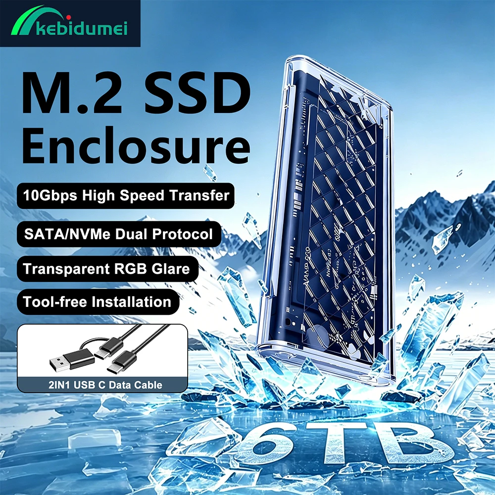 Kebidumei M.2 NVMe PCIe SSD Case M.2 NGFF SATA SSD Enclosure 10Gbps NVMe SATA Transparent RGB Hard Drive Box for M Key M&B Key