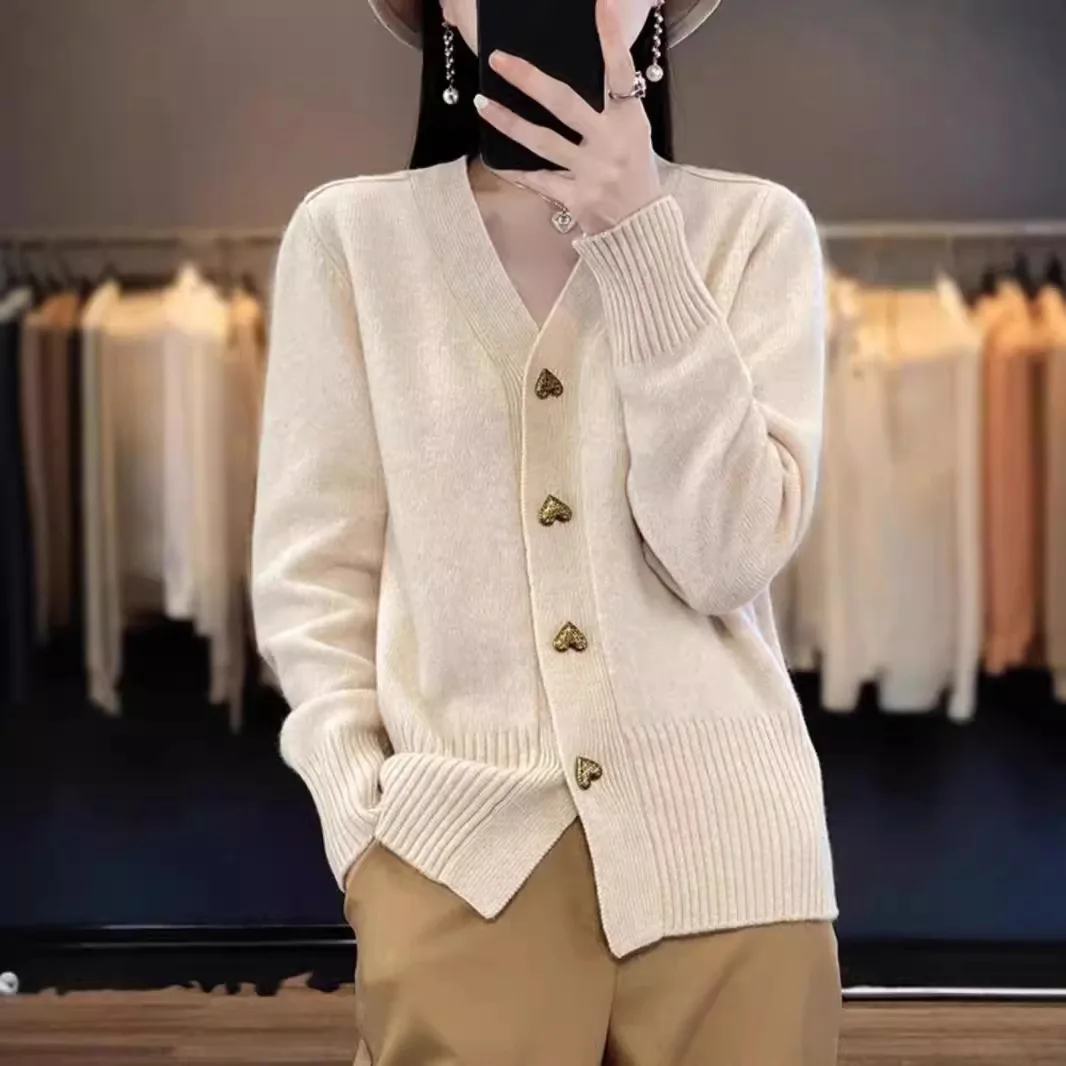 Women V Neck Heart Shape Button Knit Cardigan Pocket Loose Long Sleeve Sweater