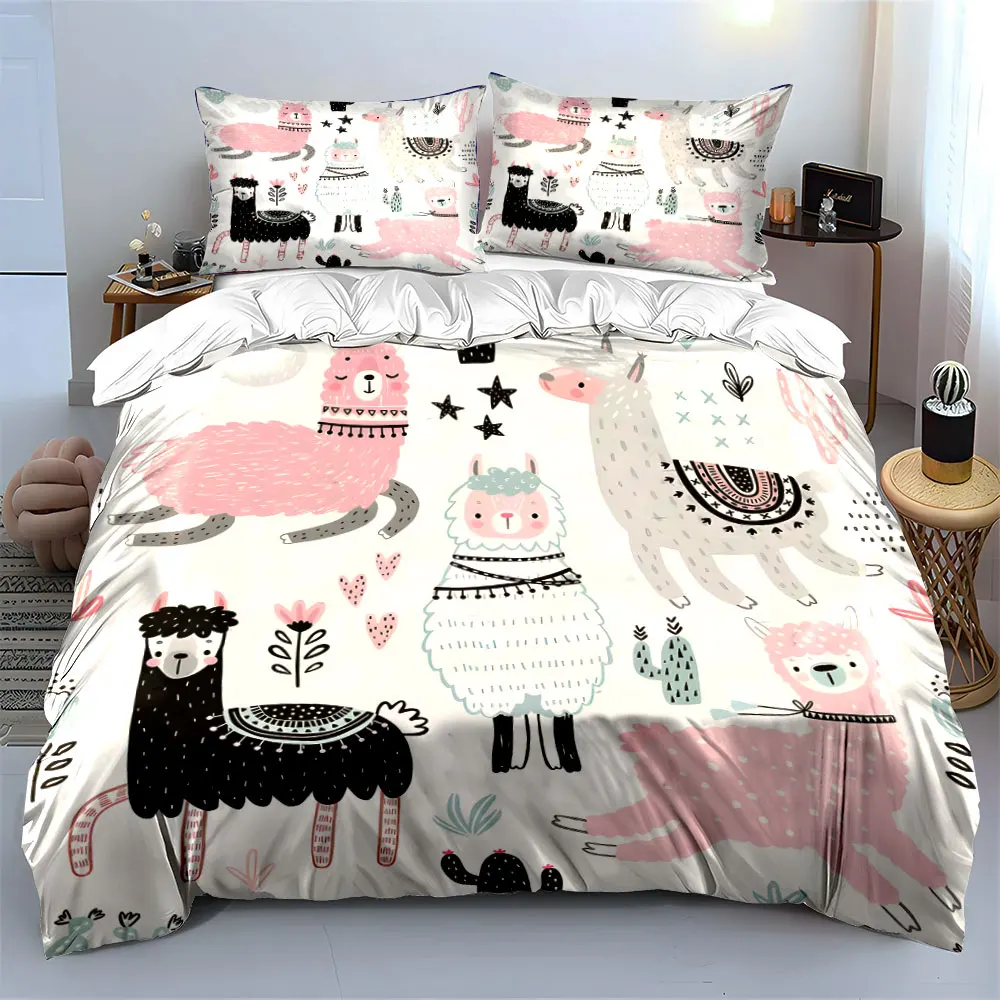 Cute alpacas and plants illustration Print Bedding set 3PC 1 duvet cover 2 pillowcases adult and children bedding set Luxury
