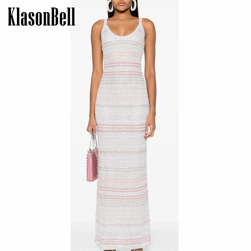 

5.9 KlasonBell 2024 Summer New Sexy Backless Suspender Maxi Dress Striped Bright Silk Knit Package Hip Temperament Dress Women