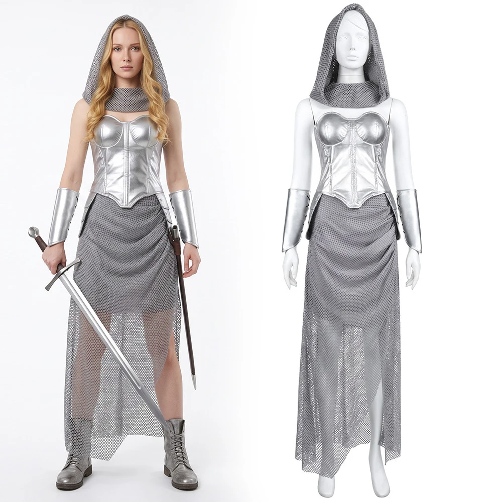 Disfraz de Caballero Medieval para Mujer, Traje de Cosplay Retro para Adultos, Top con Capucha, Armadura, Falda, Conjunto Completo, Ropa para Halloween y Escenario